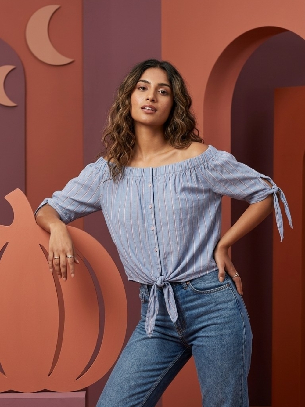 New Look Blue Striped Off-Shoulder Tie-Front Blouse Size 10